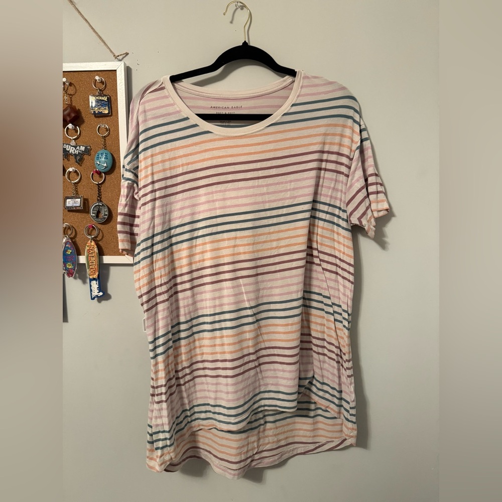 American Eagle Outfitters White Short Sleeve Tee with Pink, Peach & Blue Stripes